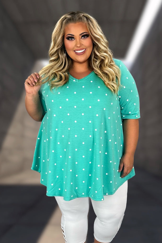 84 PSS {Take It To The Dot} Teal Polka Dot V-Neck Top EXTENDED PLUS SIZE 3X 4X 5X