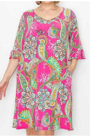 22 PQ-C {All About The Paisley} Fuchsia Paisley Print V-Neck Dress PLUS SIZE 1X 2X 3X