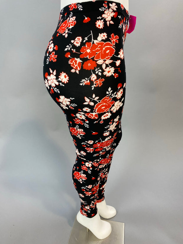 BIN-98 (Fun Days) Black Leggings with Red & White Floral Print PLUS SIZE