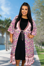 LD-R {There She Goes} Umgee Pink Mix Floral Kimono PLUS SIZE XL 1X 2X