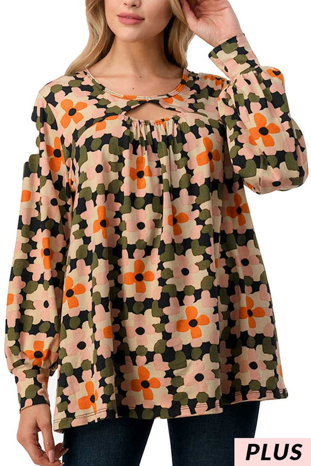 95 PLS-G {Someone To Admire} Olive Floral Keyhole Top PLUS SIZE 1X 2X 3X