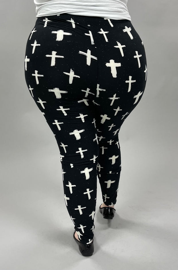 LEG-13 {Glamorous Crosses} Cross Printed Black Leggings EXTENDED PLUS SIZE