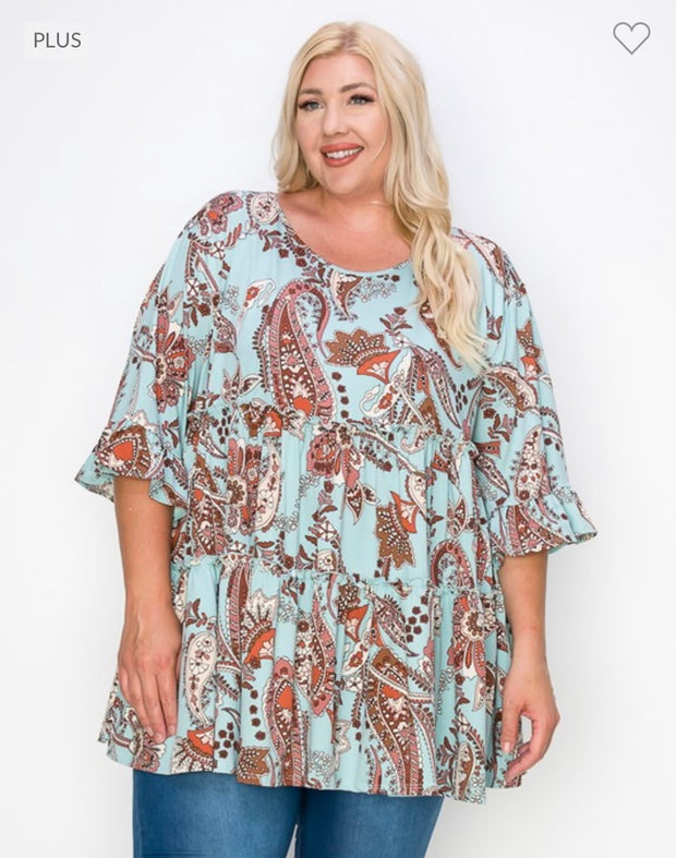 27 PQ-A {As Good As it Gets} Mint Paisley Tiered Top  CURVY BRAND!!!  EXTENDED PLUS SIZE 3X 4X 5X 6X