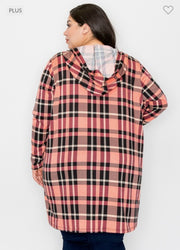 53 OT-W {Refreshing Thought} Coral Plaid Cardigan w/Hood CURVY BRAND!!!  EXTENDED PLUS SIZE 3X 4X 5X 6X