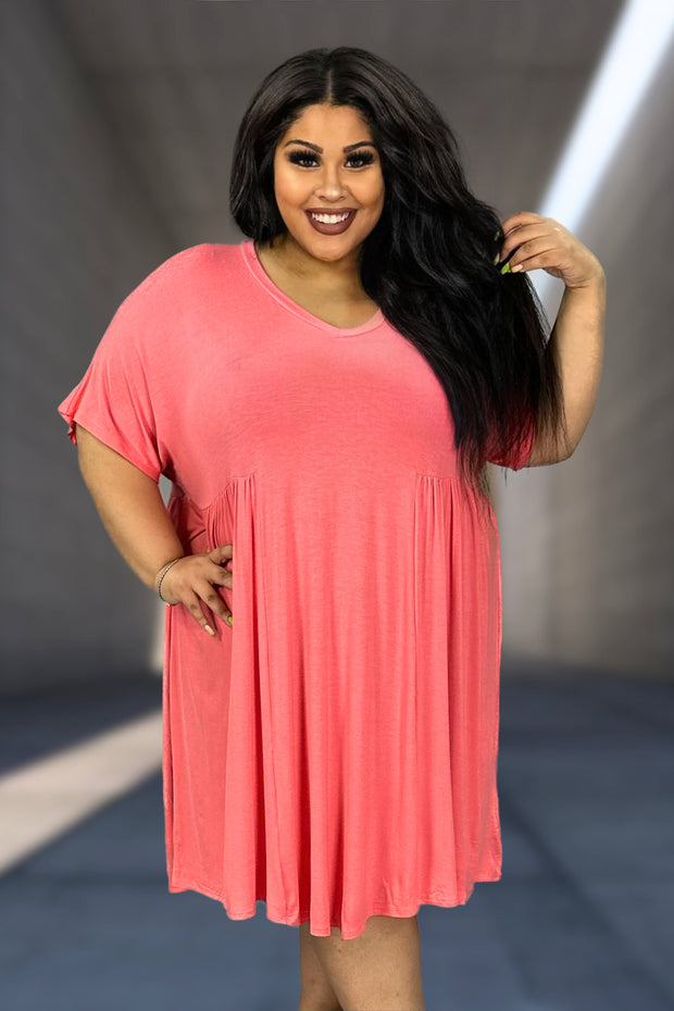 28 SSS-A {Curvy Hourglass} Coral V-Neck Dress w/Pleated Detailing CURVY BRAND!!!  EXTENDED PLUS SIZE XL 2X 3X 4X 5X 6X {Runs Larger!!!}