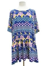 30 PSS {The Squares Have It} Royal Blue Print Ruffle Hem Top PLUS SIZE 1X 2X 3X