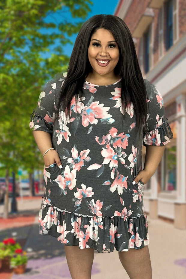 42 PSS-D {Hear My Voice} Charcoal Floral Dress PLUS SIZE XL 2X 3X