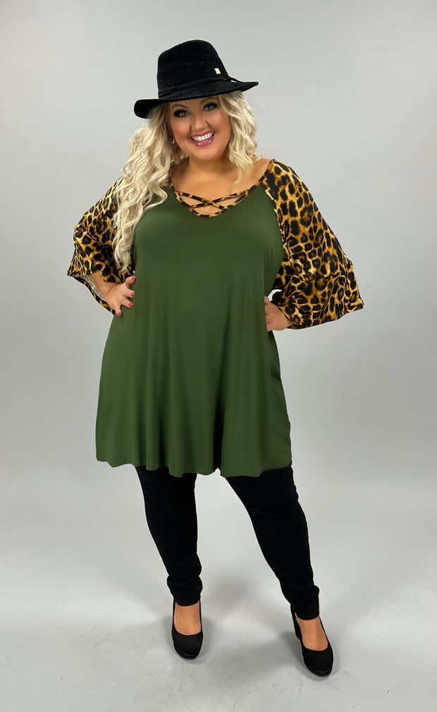 22 CP-K {Cross It Off} OLIVE Leopard Criss-Cross Tunic Extended Plus Size 1X 2X 3X