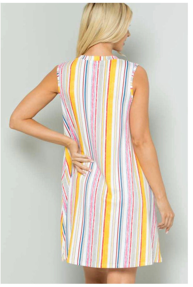 SV-C {Sunkissed} Yellow Stripe Print V-Neck Dress PLUS SIZE 1X 2X 3X