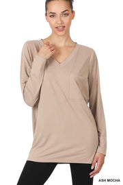 31 SLS-I {Ease Your Mind} Ash Mocha V-Neck Top w/Pocket PLUS SIZE 1X 2X 3X