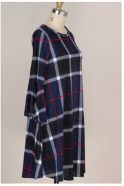 PLS-N {More Than Mine} Navy Ivory Plaid Bell Sleeve Dress PLUS SIZE XL 2X 3X