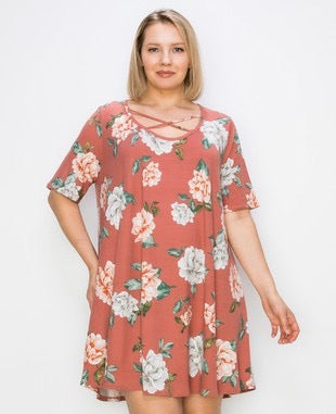 22 PSS-K {Inspiring Sights}  SALE!! Rust Floral Criss Cross Dress EXTENDED PLUS SIZE 3X 4X 5X