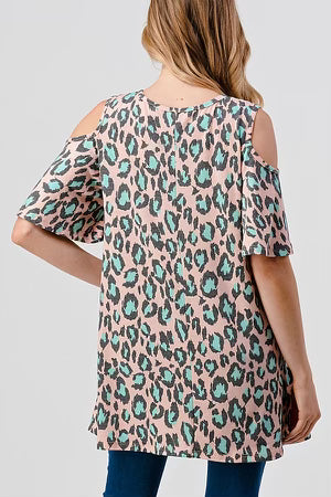 76 OS-C {Safari Love} Peach Animal Print***SALE*** Open Shoulder Top PLUS SIZE 1X 2X 3X