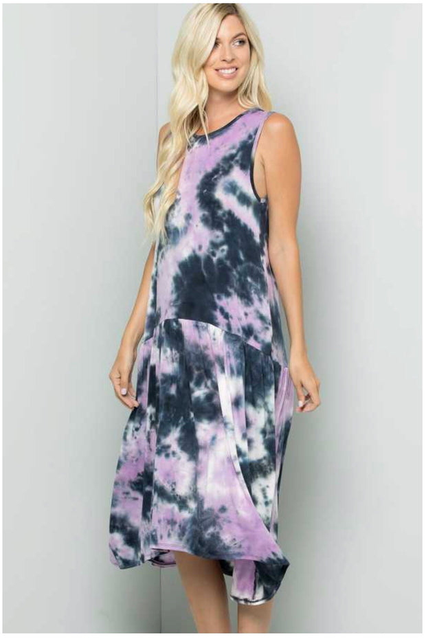 LD-B {Calming Vibes} Navy/Lavender Tie Dye Sleeveless Dress PLUS SIZE 1X 2X 3X SALE!!