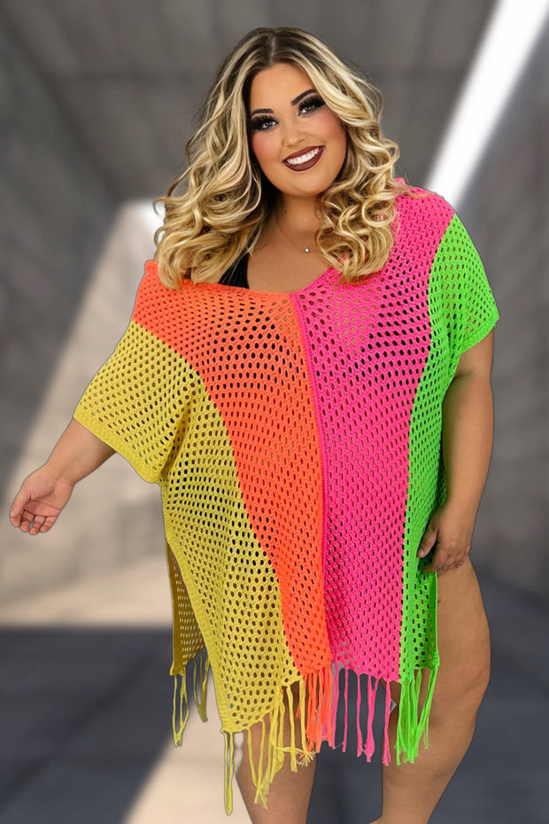 89 OT-X {Ocean Drive} Neon Multi-Color Cover Up w/Fringe PLUS SIZE 1X 2X  3X