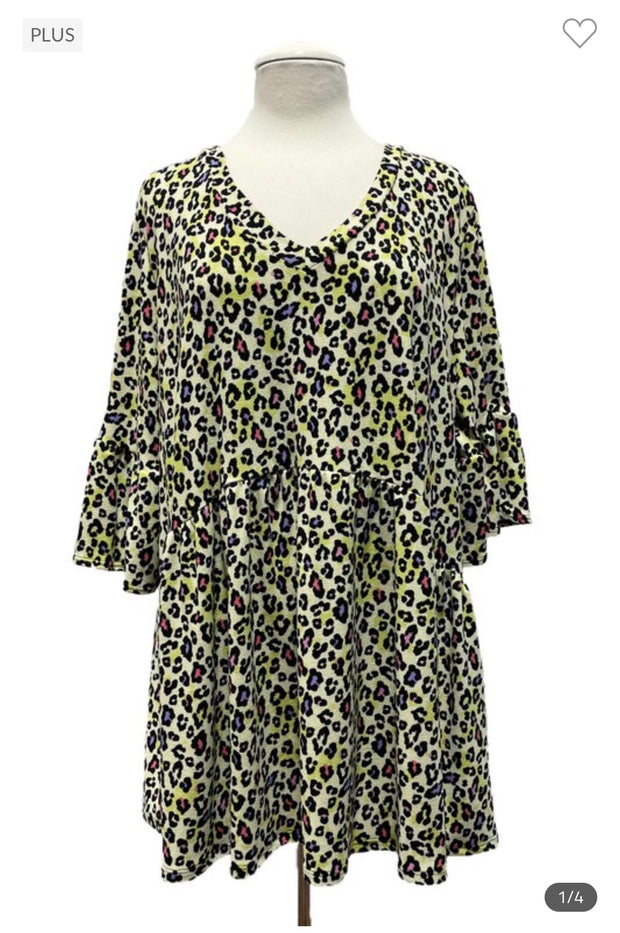 28 PSS-B {Can't Stop Now} Lime Leopard Print Babydoll Top EXTENDED PLUS SIZE 3X 4X 5X