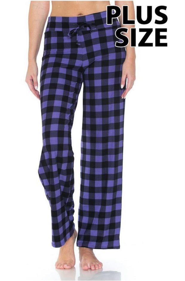 LEG-K (Be There Soon) Purple Checkered Elastic Drawstring Butter Soft Pants PLUS SIZE 1X 2X 3X