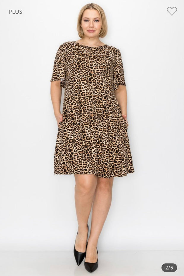 30 PSS-B {Leopard Lady} Leopard Print Dress W/Pockets PLUS SIZE 1X 2X 3X *** FLASH SALE***
