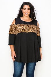 95 OS-H {Natural Comfort} Black/Leopard Open Shoulder Top CURVY BRAND!!!  EXTENDED PLUS SIZE 1X 2X 3X 4X 5X 6X