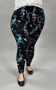 LEG -16  {Water Color Vibes} Black Floral Leggings EXTENDED PLUS SIZE 3X/5X