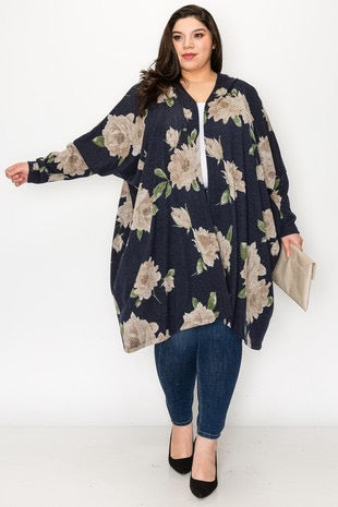52 OT-A {What You Need} Navy Floral Hooded Cardigan EXTENDED PLUS SIZE 3X 4X 5X