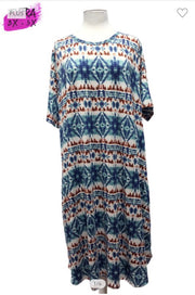 78 PSS-B {Throwing Shade} Rust/Teal/Ivory Print Dress EXTENDED PLUS SIZES 3X 4X 5X