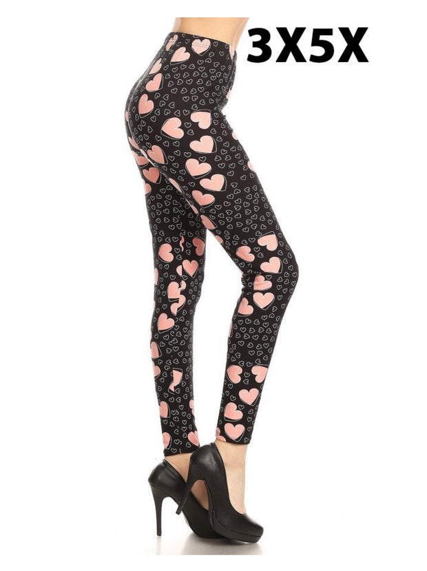 LEG-J {What The Heart Wants} Black/Pink Heart Leggings EXTENDED PLUS  SIZE 3X/5X