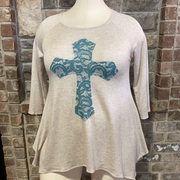 29 GT-D {Don't Cross Me} Oatmeal Blue Cross Detail Top PLUS SIZE XL 2X 3X