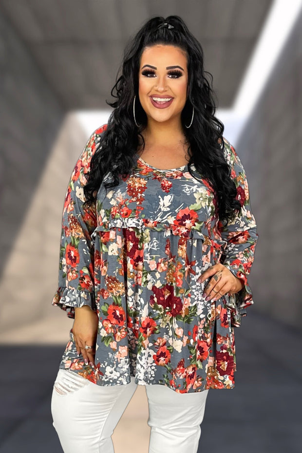59 PQ-G {Better Every Day} Grey Floral Babydoll Top PLUS SIZE 3X 4X 5X
