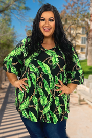 23 PSS-J {Leafy Chains} SALE!! Green Print V-Neck Babydoll Top EXTENDED PLUS SIZE 3X 4X 5X