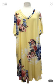 55 PSS-A {Looking Fine} Yellow Floral V-Neck Dress PLUS SIZE 1X 2X 3X