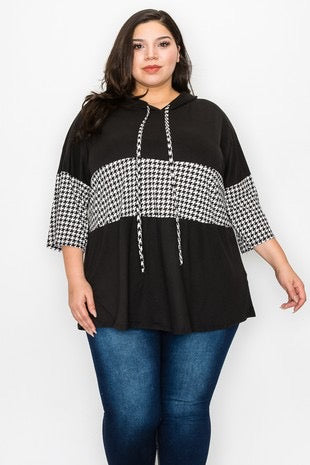 36 HD-Y {Good Judge} Black Herringbone  Print Hoodie CURVY BRAND!!!  EXTENDED PLUS SIZE 4X 5X 6X