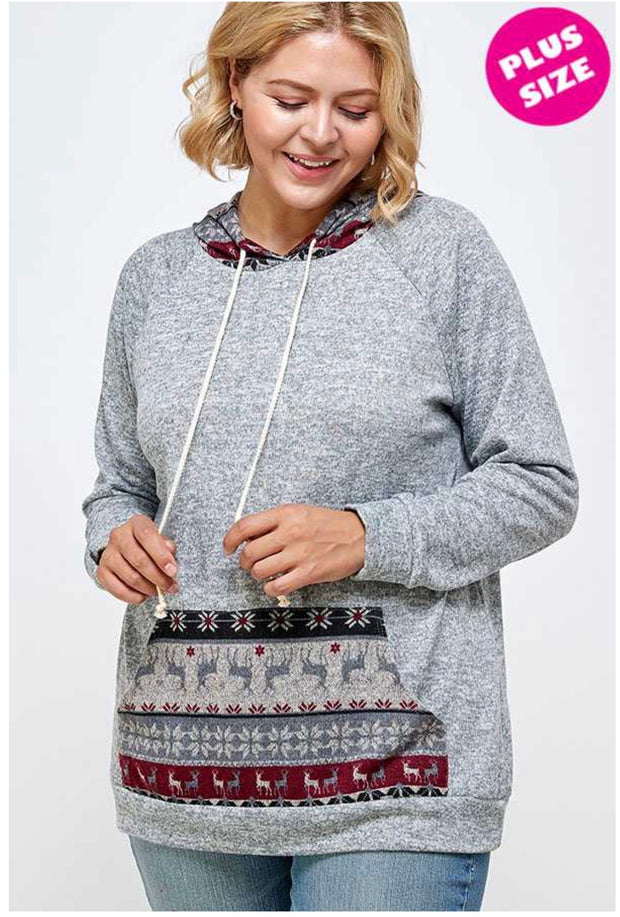 17 HD-B {Winter Chill} Grey Reindeer Print Hoodie SALE!! PLUS SIZE XL 2X 3X