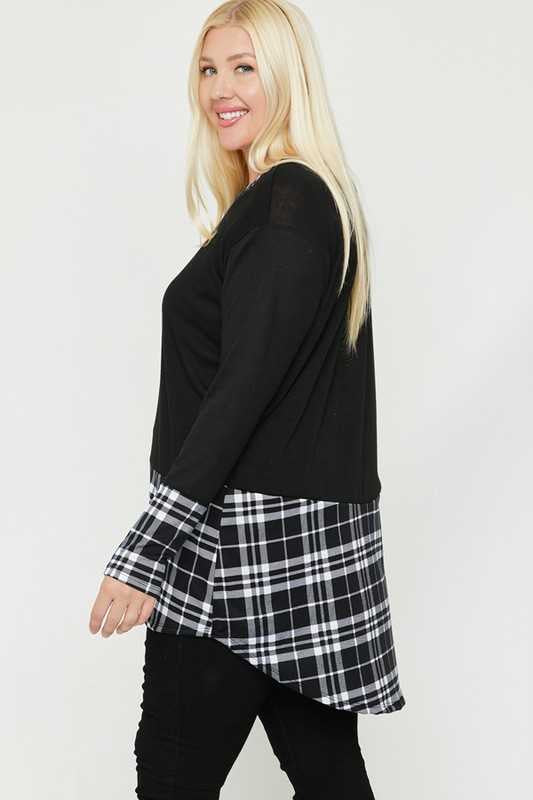 23 CP-L {Cut It Short}  Black With White Plaid Tunic PLUS SIZE XL 2X 3X