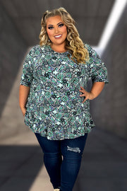 32 PSS {Only One For Me} Green/Black Print Ruffle Hem Top EXTENDED PLUS SIZE 4X 5X 6X