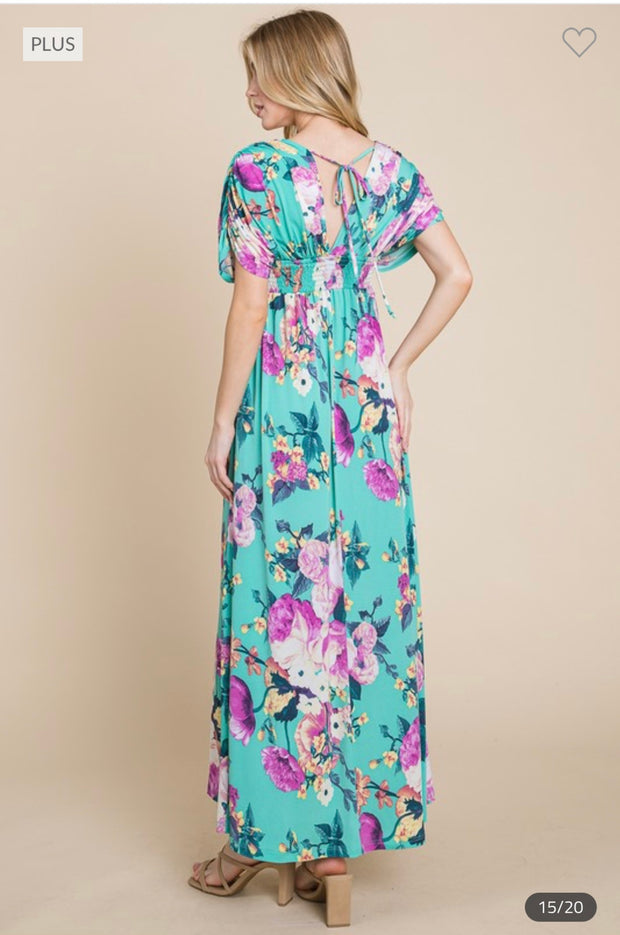 LD-Z & F {Mellow Moment} Emerald Floral Smocked Maxi Dress PLUS SIZE 1X 2X 3X