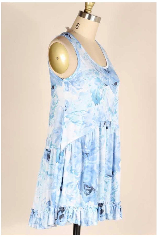 SV-D {A Little Flirtatious} Blue Floral ***SALE***Sleeveless Ruffle Hem Top PLUS SIZE 1X 2X 3X