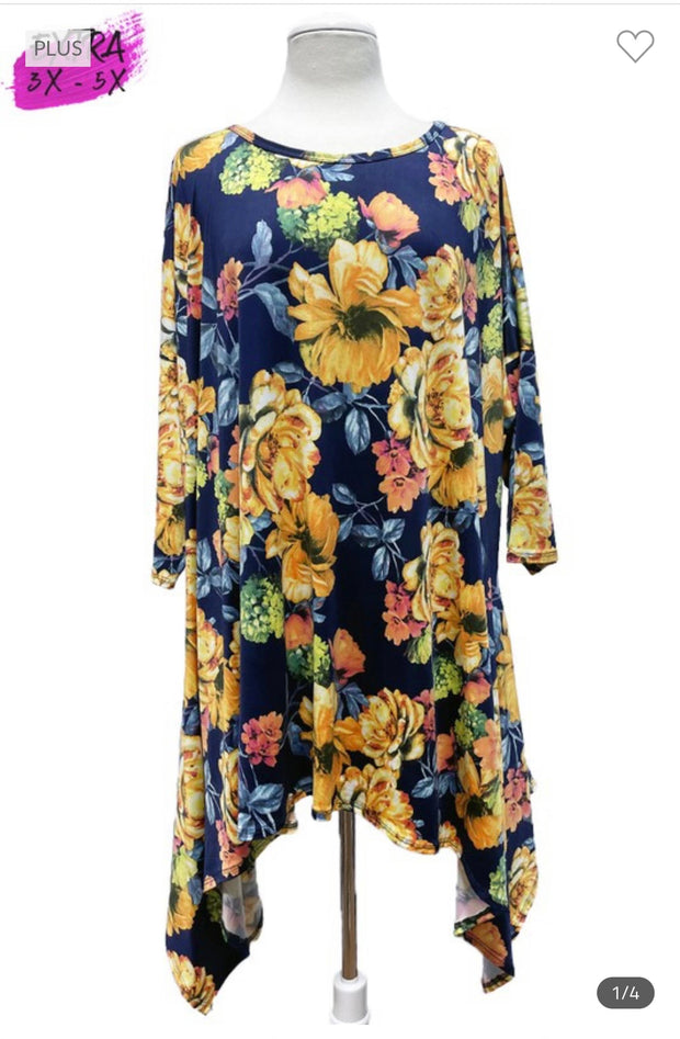 76 PQ-C {Keeping Promises} Navy Floral Sharkbite Hem Top EXTENDED PLUS SIZE 3X 4X 5X