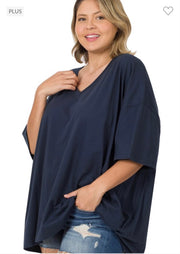 46 SSS-B {Charm Me} Dark Navy Oversized V-Neck Top PLUS SIZE 1X 2X 3X