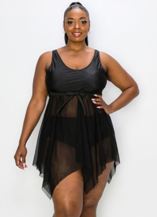 SWIM-F {Swim In Style} Black 2 Piece Sheer Skirt Swimsuit EXTENDED PLUS SIZE 2X 3X 4X