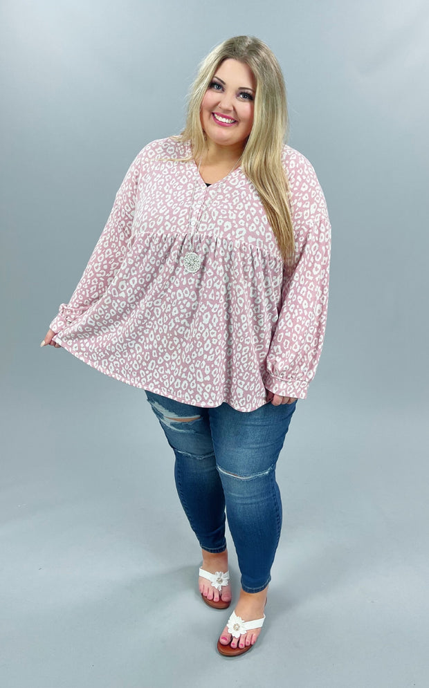 46 PQ-A {Blissful Days} Pink Ivory Animal Print Babydoll Top PLUS SIZE XL 2X 3X