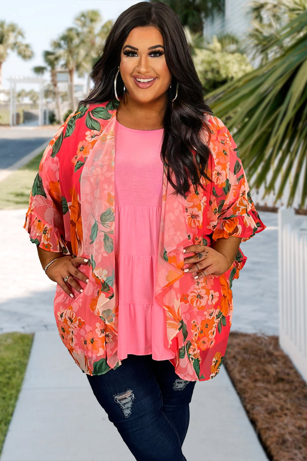 95 OT-S {Pure Feeling} Umgee Pink/Orange Floral Kimono PLUS SIZE XL 1X 2X