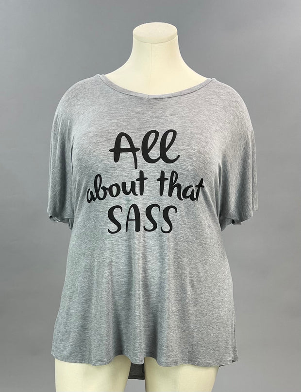 77 GT-O {All About Sass} Gray V-NECK Graphic Tee CURVY BRAND!! EXTENDED PLUS SIZE 3X 4X 5X 6X