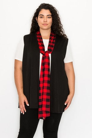 30 OT-M {Earn Your Keep} Black Vest w/Red Plaid Front Tie CURVY BRAND!!!  EXTENDED PLUS SIZE 4X 5X 6X