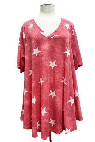 86 PSS {Star Shine Bright} Red Star Print Waffle Knit Top EXTENDED PLUS SIZE 3X 4X 5X