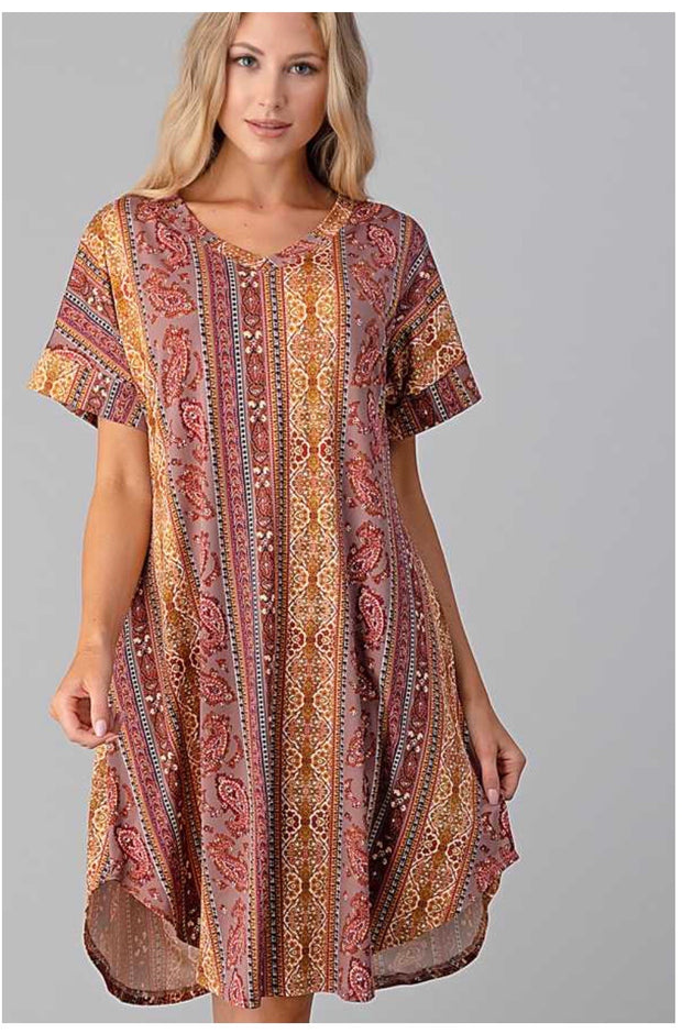 PSS-A {Gypsy Vibes} SALE!! Mustard, Brown Multi Paisley Print Dress PLUS SIZE 1X 2X 3X