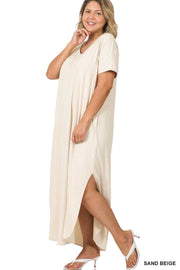 LD-T {On My Way} Sand Beige V-Neck Maxi Dress PLUS SIZE 1X 2X 3X