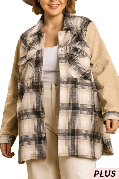 24 OT-B {Class Is In} Umgee Taupe Plaid Shacket SALE!!  PLUS SIZE XL 1X 2X