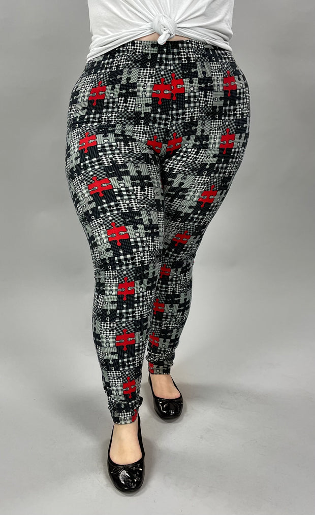 LEG-34  {Puzzled} Gray/Red Puzzle Print Leggings EXTENDED PLUS SIZE 3X/5X