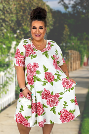 29 PSS-B {Tea Party Time} Ivory/Red Rose Print Dress PLUS SIZE XL 2X 3X